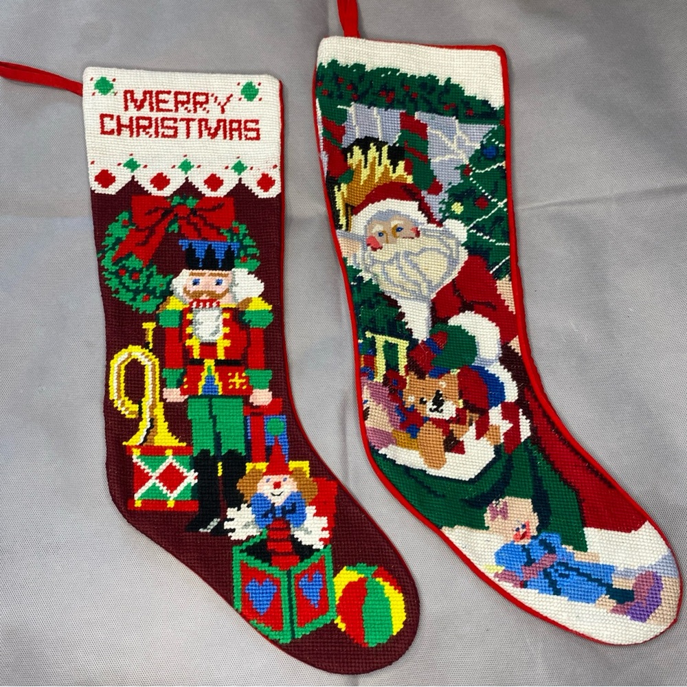 Vintage Needlepoint Christmas Stockings Velvet Back Set Of 2 Santa Nutcracker